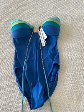 NWT Robin Piccone Kelly Strapless One Piece Swimsuit Blue Gold Chain Size 6